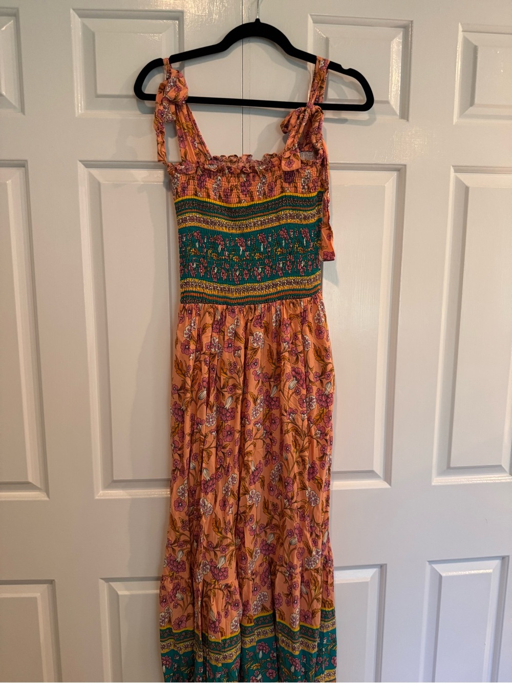Boho Floral Maxi Dress in peach with Green Accents